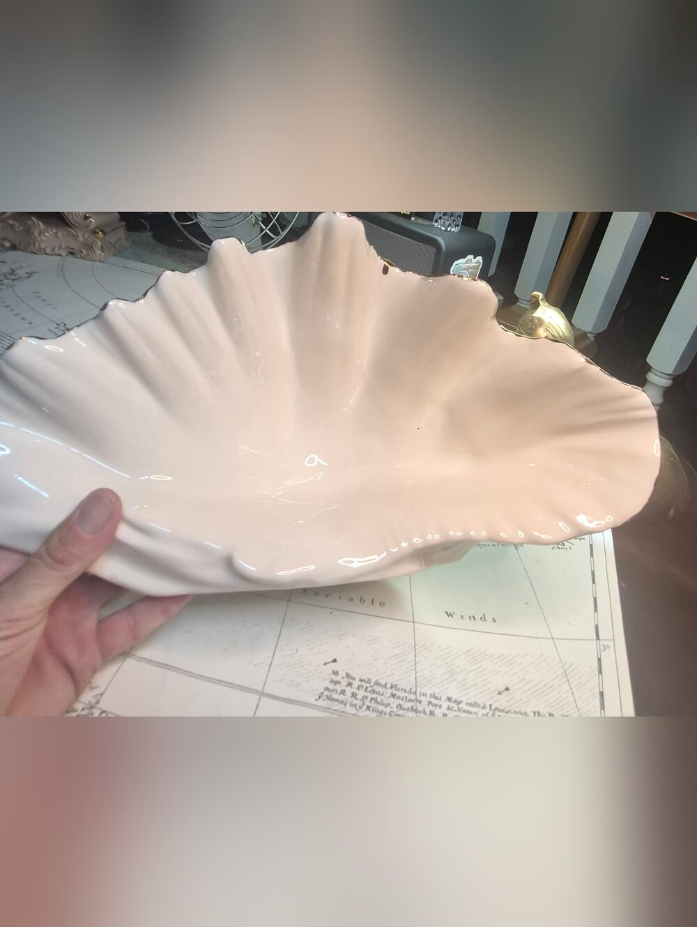 Vintage Large Ceramic Conch Shell Planter 14” Pink Iridescent Gold Trim MCM Glos
